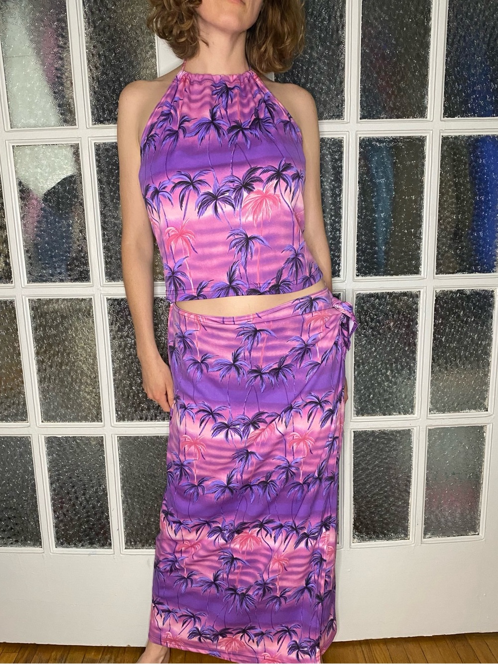2 piece Purple-Pink Palm Print Halter Top & Wrap Skirt Set